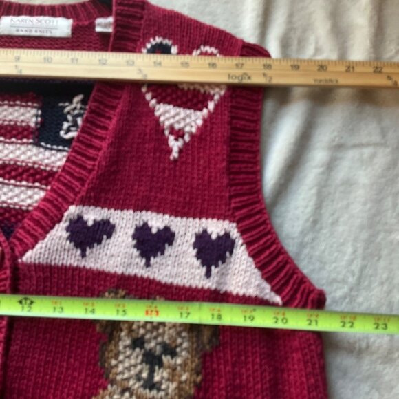 VTG Karen Scott Hand Knits Large Sweater Vest Fall Patriotic Country Teddy Bear - Picture 3 of 7